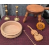 Image 3 : Brass Candlesticks, Wooden Stool, Wooden Bowl, Violin Decor, Decorated Flask