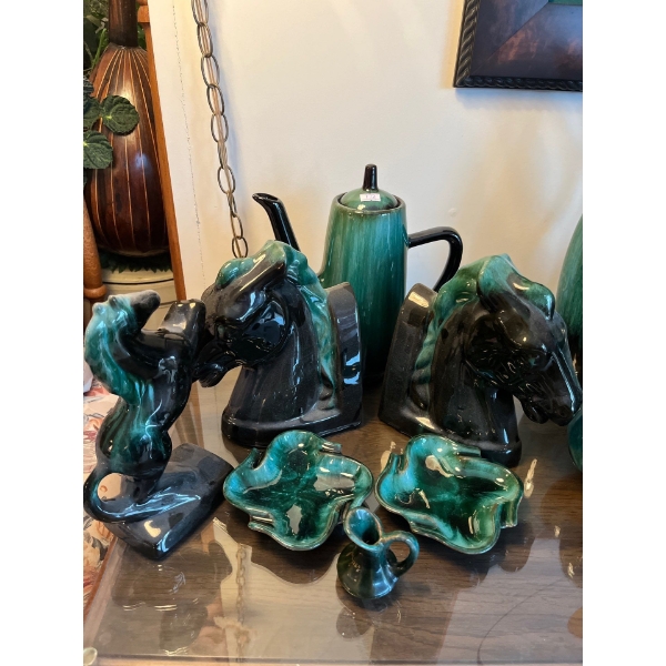 vintage mid-century modern Blue Mountain Pottery with two horse, bookends, teapot, two candy dishes,