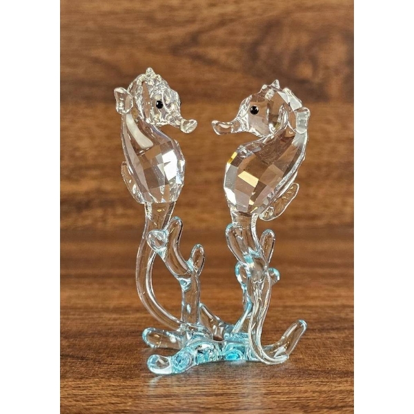 Crystal Seahorse Pair Figurine with Faceted Cut and Blue Accents