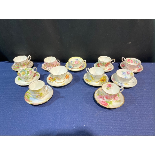 Collection of 11 Cups and Saucers, Brands Include: Aynsley, Paragon, Royal Standard, and more