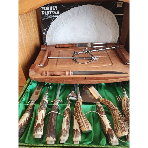 Stag Horn Handled Cutlery Set With Carving Tools, Cutting Board, and Turkey Platter