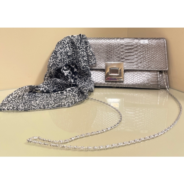 Pretty Silver Snake Skin Patterned Clutch/Purse w/ Printed Scarf