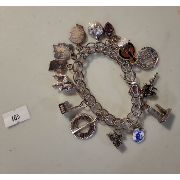 Stamped Sterling Ladies Charm Bracelet w/ Assorted Charms 