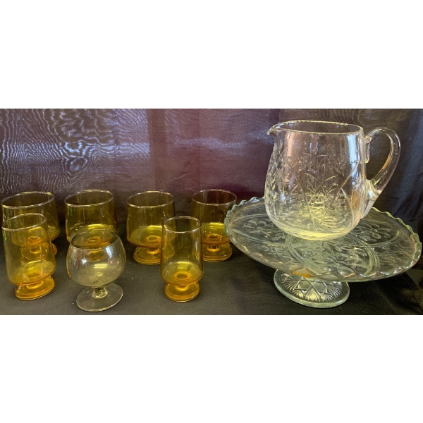 Decorative Amber Colored Stemware w/ Crystal Jug & More