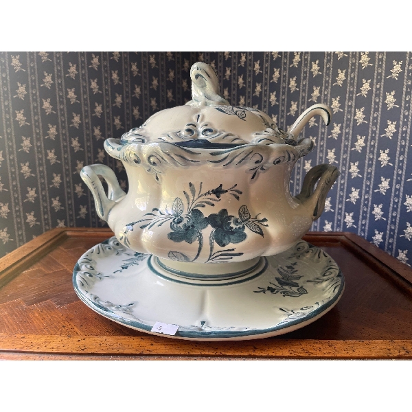 Antique Soup Tourine Hand Painted Portugal - Includes Spoon 13D