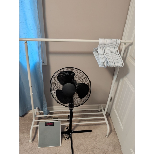 Metal Garment Rack w/ Hangers Digital Sunbeam Scale & 3 ft Oscillating Floor Fan 