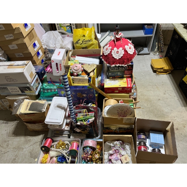 massive collection of crafting supplies, ribbons bows, dried flowers, sewing supplies, needing needl