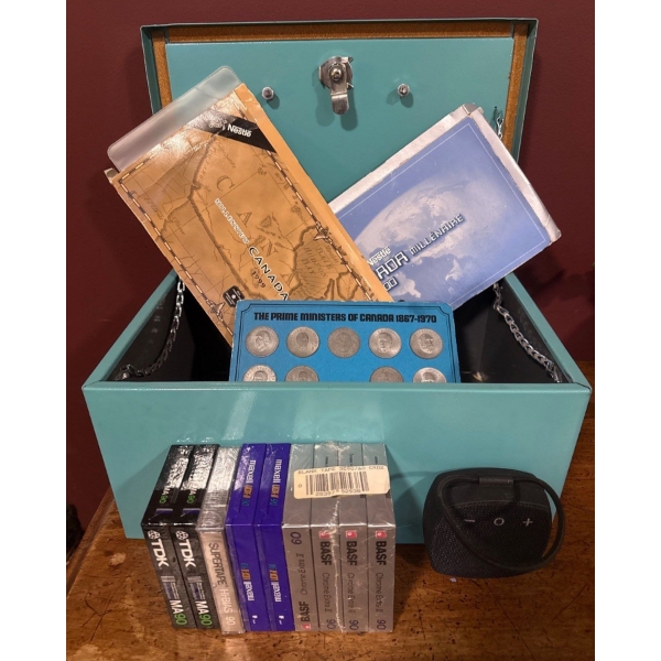 Keyed Lock Box w/ Coin Set Treasures New Cassettes Portable Speaker & More