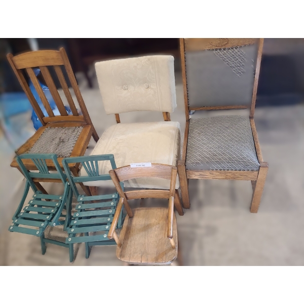 Beige Upholstered Chair 24 w 24 1/2 d 29 h. Two Dining Chairs 17 1/2 16 d 37 h & 17 1/2 w 17 d 36 h