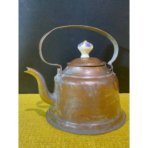 Antique Copper Kettle with Blue and White Porcelain Handle
