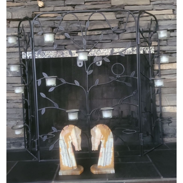 Metal Fireplace Screen Style Candle Holder & Carved Onyx Horse Book Ends (2) 