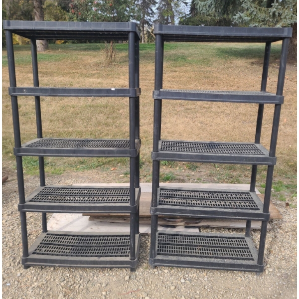 Two Resin Utility Shelves and 3  Wood Folding Tables 