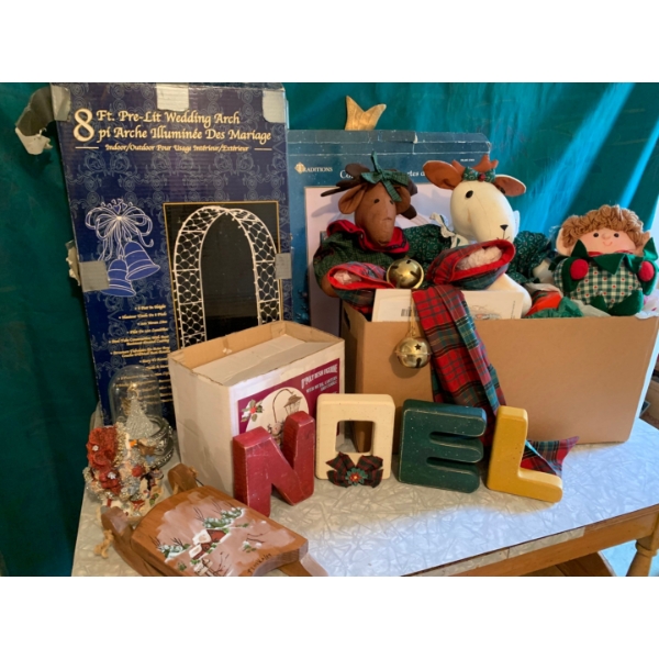 Boxes of Vintage Christmas decor, homemade decorations lights and more! 
