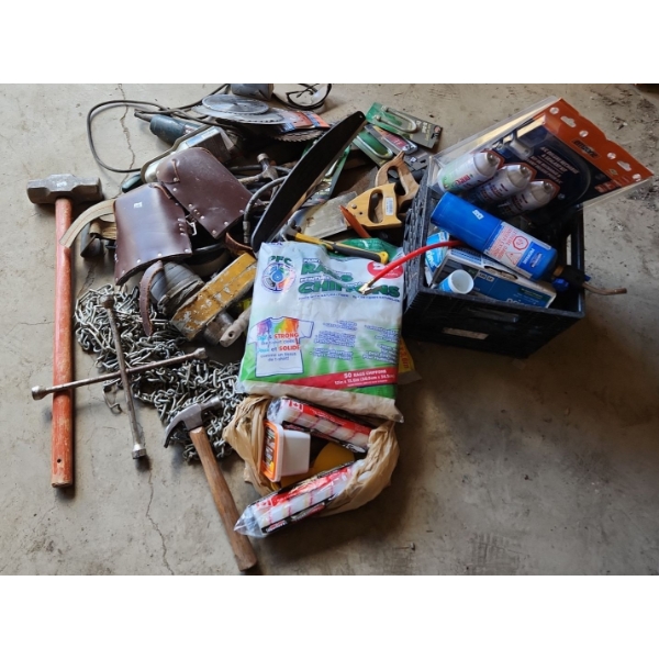Milk Crate of Garage Items Including: Walter Grinder Model 6161, Knee Pads, Hand Tools and More!