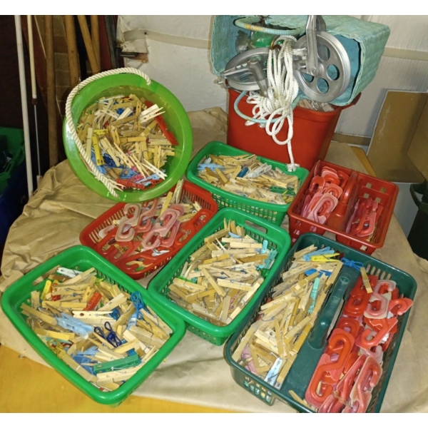 Abundance Of Assorted Close Pins Of Different Styles W/ Reel For Clothes Line & Wood Table