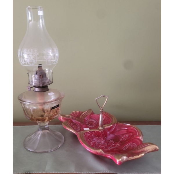 Antique Oil Lamp w/ Modern Hurricane Shade (Bought in 1896) & Ceramic Cal. Original USA Serving Dish