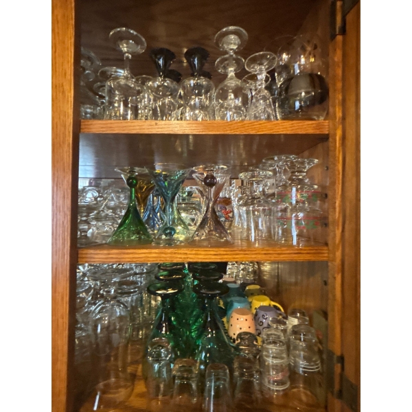large collection of retro wine, glasses shot glasses and whiskey glasses a number of them are crysta