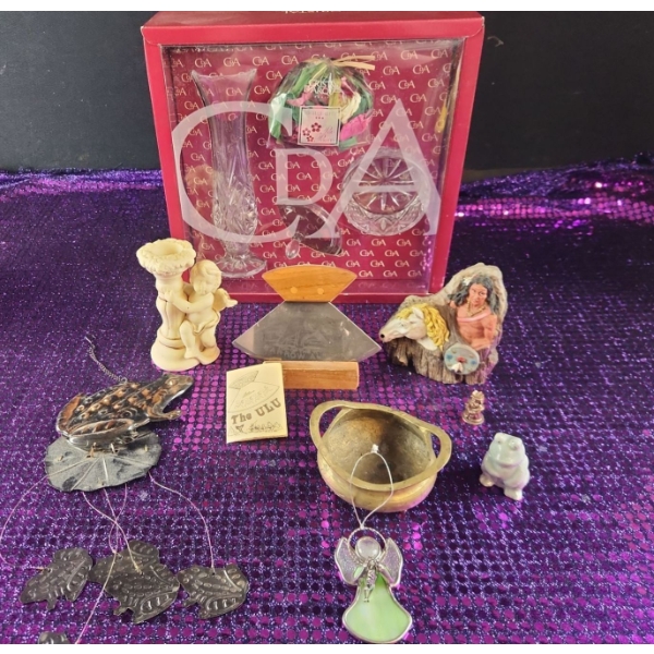 Vintage Ulu and Stand, NIB Cristal d’Arques Vase and Scent Set, Other Small Treasures