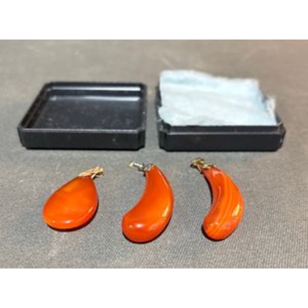 3 Agate Pendants with Floral Bail and Original Box