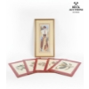 Image 1 : vintage placemats with botanical prints and a framed art print featuring a figure in vintage cricket