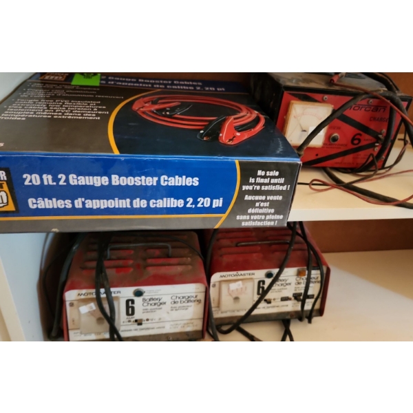 Power Fist 20 Foot 2 Guage Booster Cables, Vintage: Torcan and Two Motomaster Battery Chargers 