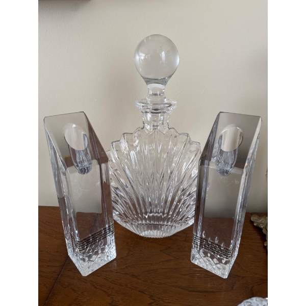 Crystal Decanter With Stopper and Pair of Crystal Candle Holders