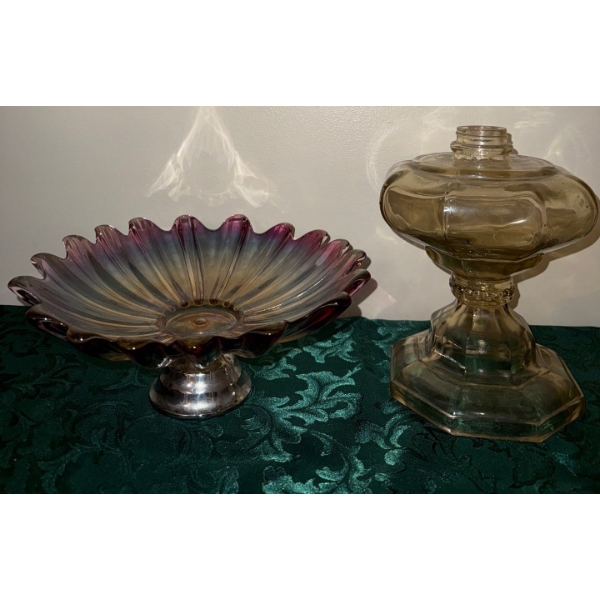 Rare Carnival Glass Coal Oil Lamp & Celestial Spoke Carnival Multicolored Glass Bowl