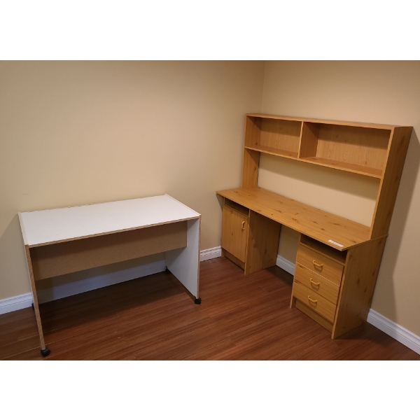 Light Finish MDF Desk with Storage 55 w, 56 h, 19 d & White MDF Desk 43 w, 29 h, 24 d