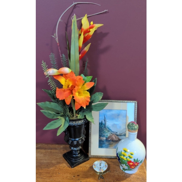 A.J.Merrill Signed Landscape Art Piece 8x11 w/ Automatic Wall Clock Faux Florals & More