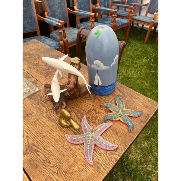 Shark Sculpture On Wood Base Painted Buoy & Painted Starfish 