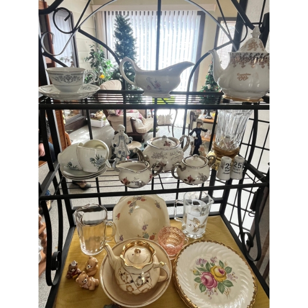3 shelves of an assortment of bone China and glassware vintage ceramic dishes with decorative floral