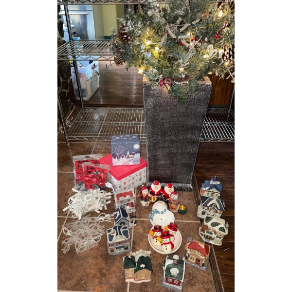 Holiday Planter w/ Pine Cones 35 T, Contents of Shelf: Lights, Santa Decor, Holiday Homes and More!