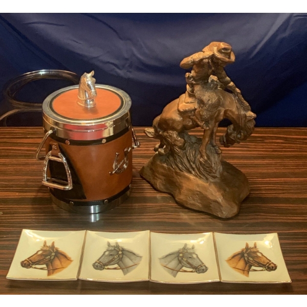 Western Themed Barware w/ Bronze Cowboy Figurine 9T