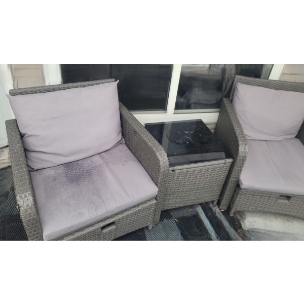 Two Outdoor Patio Chairs  27.5 W, 26 D, 29.5 T w/ Cushions and Side Table 18 W,18 D, 17.5 T