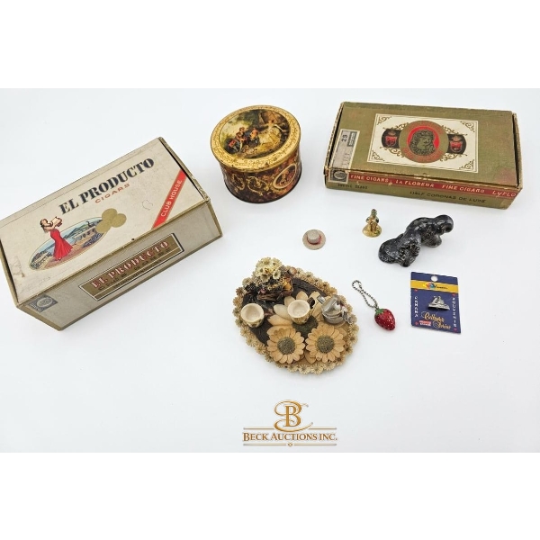 Several Cigar Boxes  El Producto, A Small Decorative Tin, And Various Miniature Decor And More