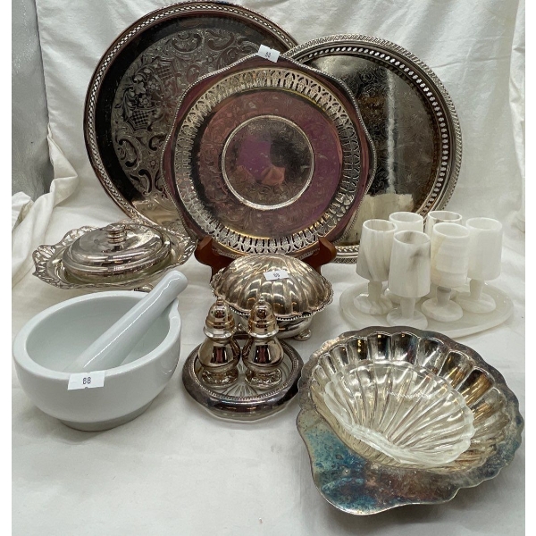 Unique Stone Stemware w/ Mortar & Pestel & EP Silver Servingware