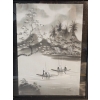 Image 4 : Vintage Framed Vietnamese Black & White Painting On Silk, A Tranquil Landscape Scene With Boats.