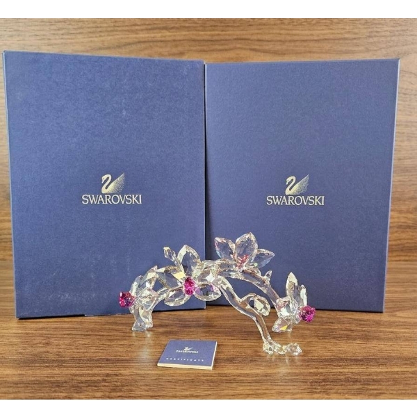 Swarovski Crystal Flower Branch Sculpture With Pink Accents and Original Boxes