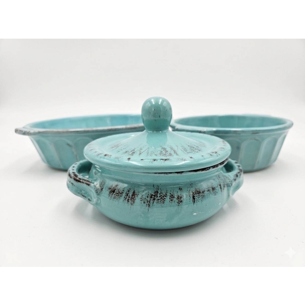 Three Blue Glazed Ceramic Bakeware