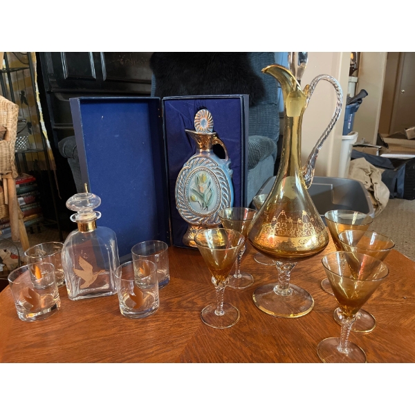 Vintage Stunning Amber Glass Wine Cordial Decanter with 5 glasses along with vintage bourbon bottle 