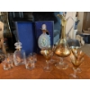 Image 1 : Vintage Stunning Amber Glass Wine Cordial Decanter with 5 glasses along with vintage bourbon bottle 