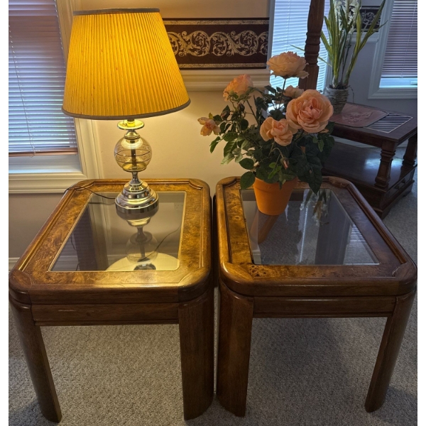Walnut End Table Duo w/ Table Lamp 20T & Decorative Florals 