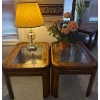 Image 1 : Walnut End Table Duo w/ Table Lamp 20T & Decorative Florals 