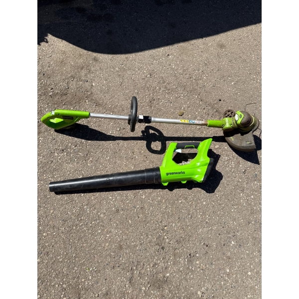 Green works battery operated weed wacker and blower