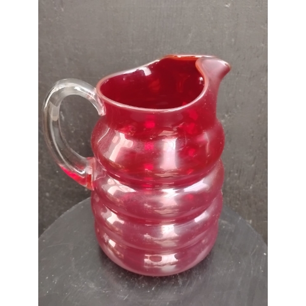 Vintage Ruby Glass Beehive Formed Pitcher, No Chipping