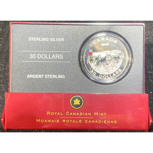  2006 $30 Dog Sled Team Proof Coin 92.5% Silver 31.5 Grams