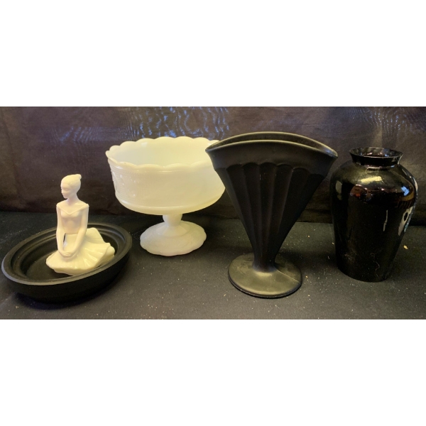 Milk Glass Candy Dish w/ Decorative Matte Black Glassware