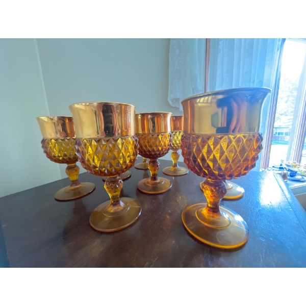 Vintage Retro 1960 Indiana Glass Diamond Point Amber Goblet set of 8 in great condition