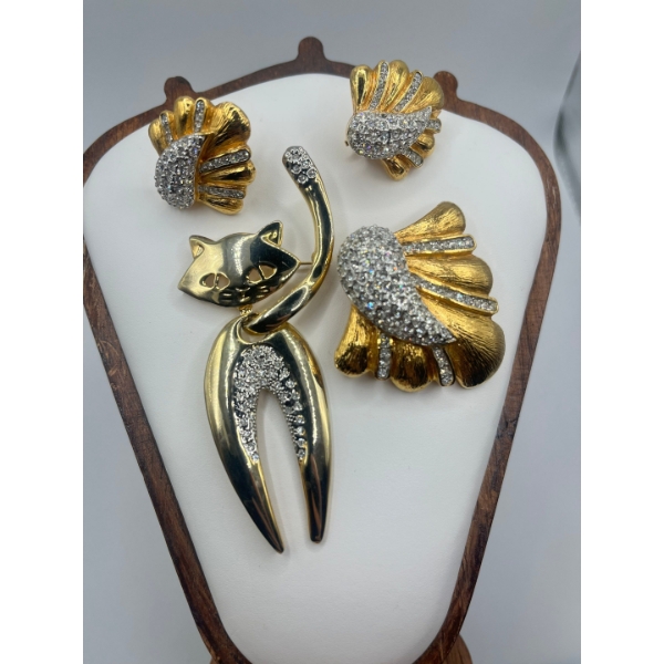 Retro Art Deco Style Butler Signed Brooch and Earrings Plus Vintage by JJ Cat Brooch