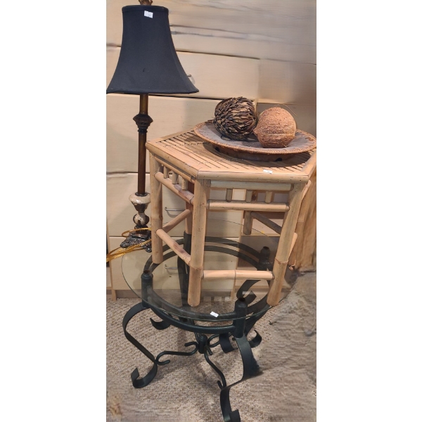 Metal and Glass Table 24 Diameter, 21 T with Lamp 31 T and Bamboo Side Table 21 W, 17 T